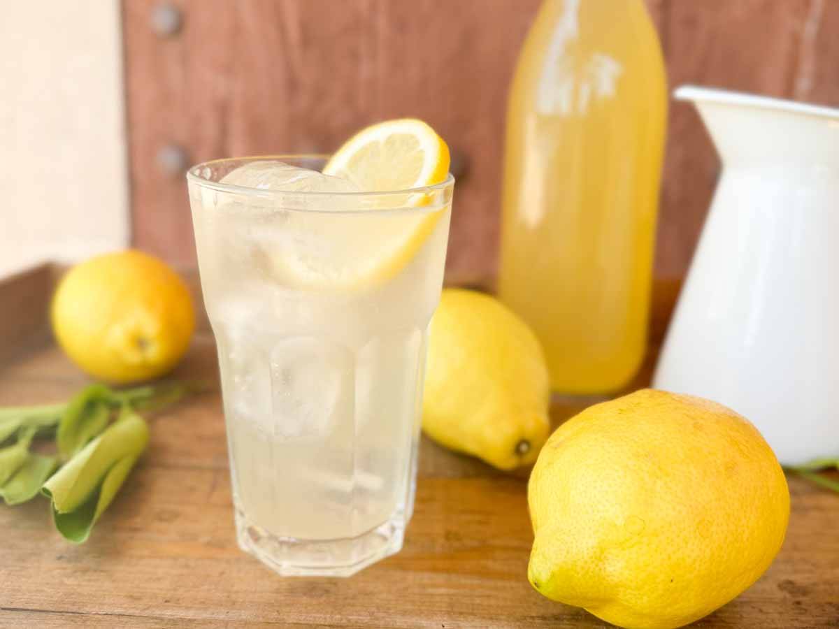 lemonade in glass and bottle of limonata cordial